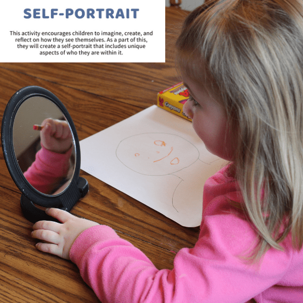 Girl in elementary school drawing a self portrait to practice social emotional learning