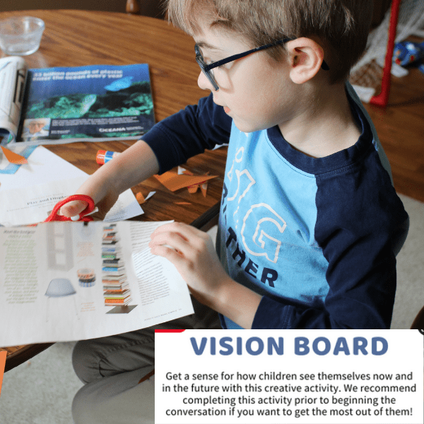 Boy cutting with scissors to make a vision board for social emotional learning with HeyKiddo Huddle