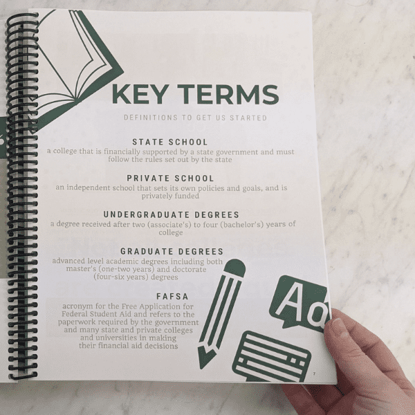 page from high school financial literacy book showing key terms for college planning